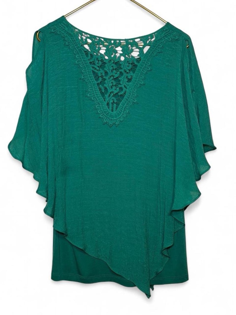 Green/Teal Crochet V-Neck Asymmetrical Poncho Top